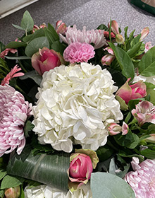 Détail hortensia blanc et roses roses