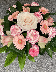 Coussin rose, œillets et gerberas