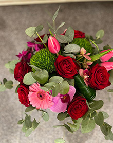 Bouquet rouge et rose, tulipes, gerbera et orchidée